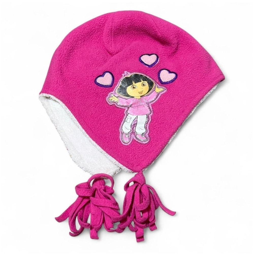 Y2K Dora the Explorer Girls Pink Fleece Trapper Hat Tassels Hearts Nickelodeon